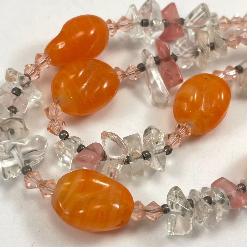 Beautiful Necklace Rose Cherry Clear Quartz Nugget Orange Glass Beaded Statement